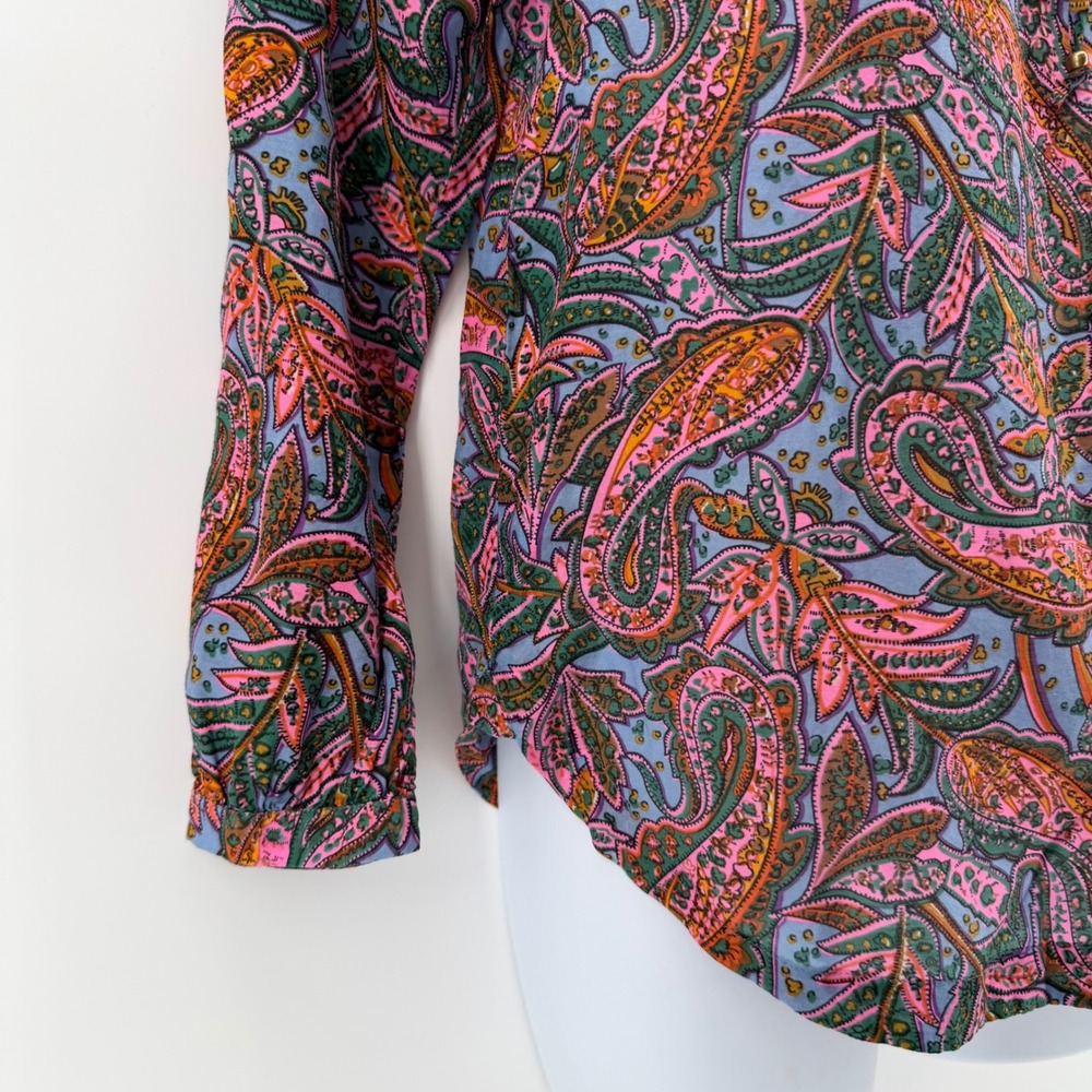 J.Crew Paisley Blouse Womens 0P Petite Pink Blue Split Neck Long Sleeve Top - Picture 3 of 10